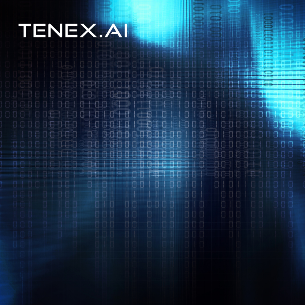 TENEX.AI logo over a blue digital binary data background