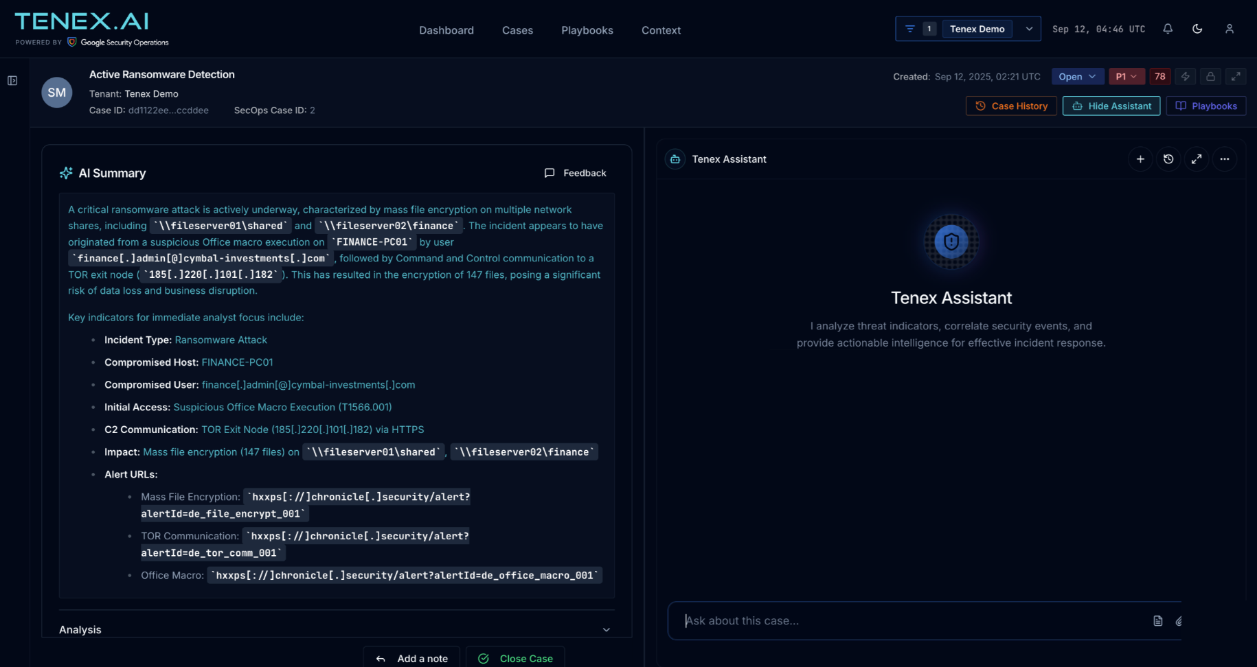 TENEX Case Analytics: every case investigated and dispositioned, true positives and false positives resolved with evidence